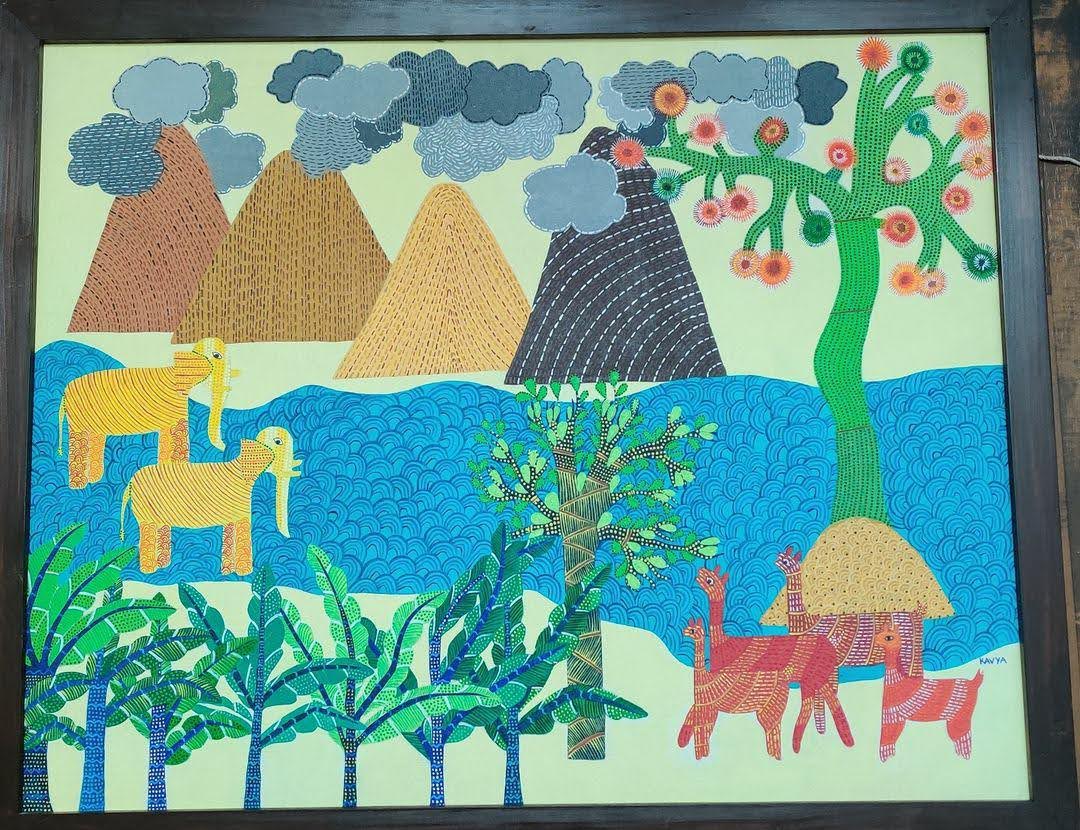 Gond-style painting: Mountain landscape with elephants