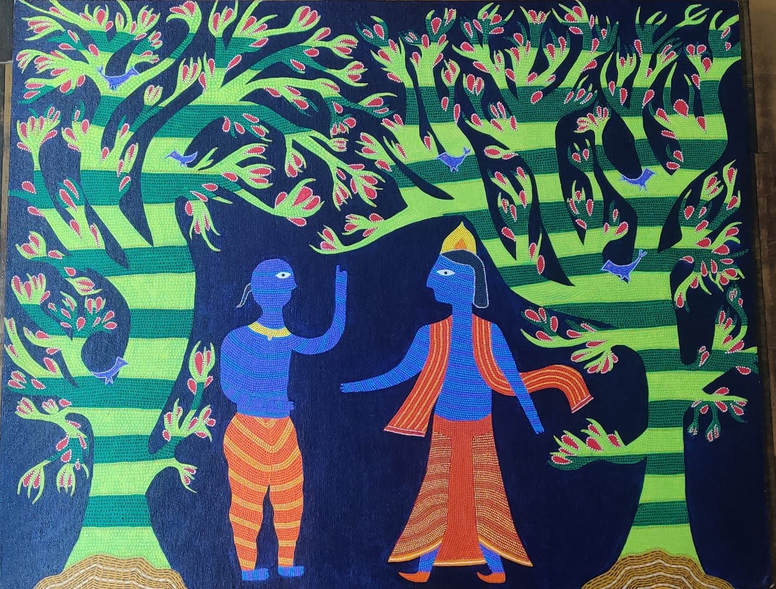 Gond-style painting: Two figures under trees