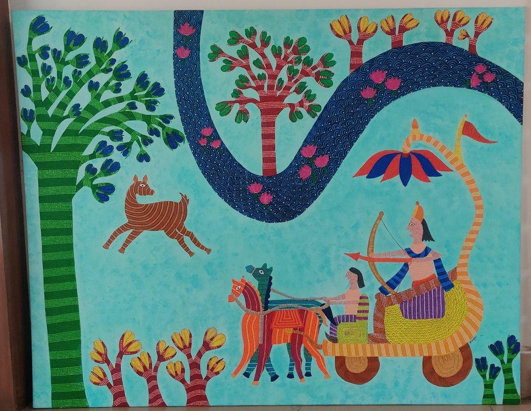 Gond-style painting: Hunting scene with chariot
