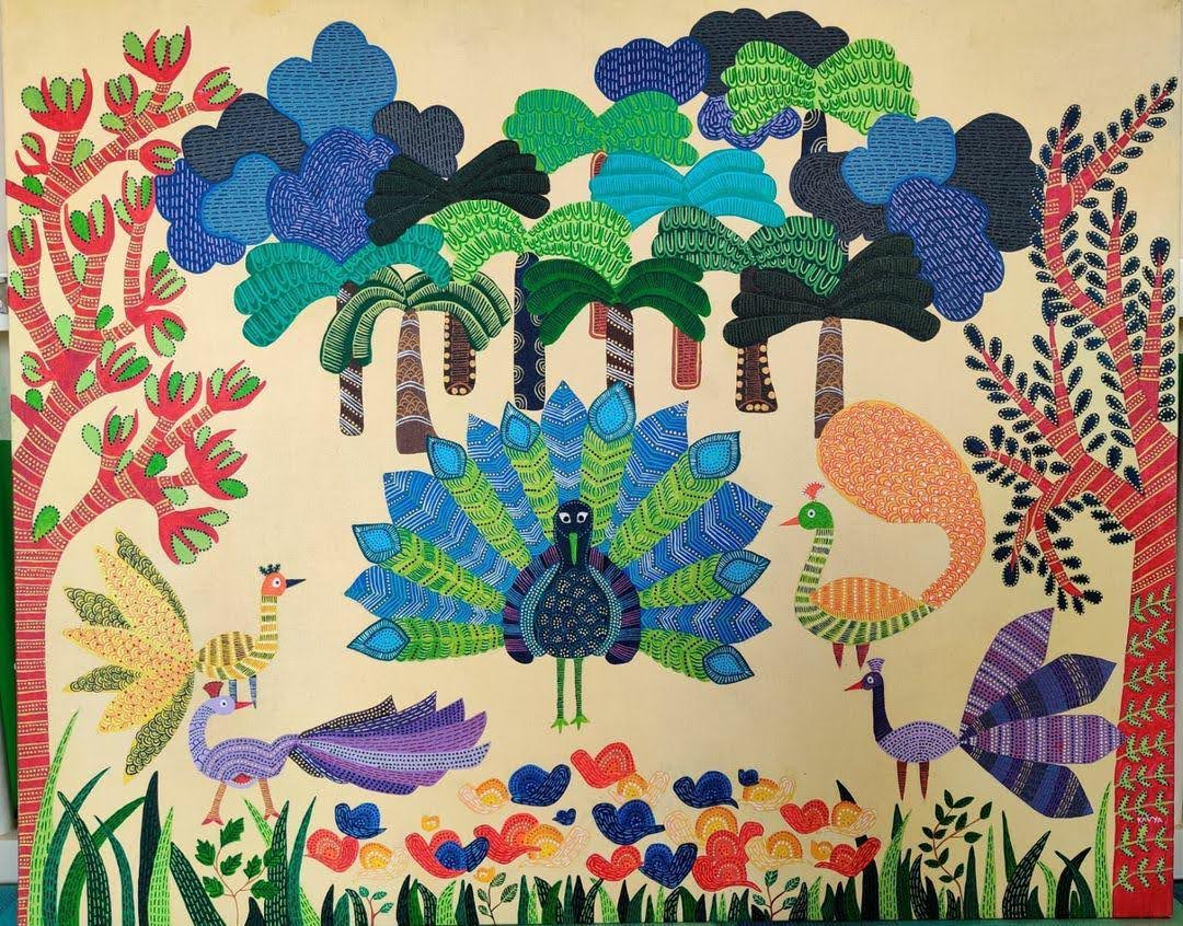 Gond-style painting: Peacocks in forest