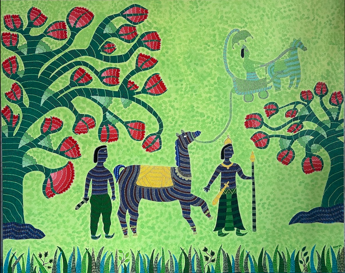 Gond-style painting: Village scene with horse